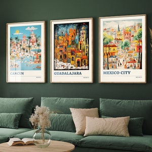 Lot de trois affiches de voyage au Mexique - Cancun, Guadalajara, Mexico - 3 impressions d'art moderne - photo peinture, illustration, cadeau carte du Mexique