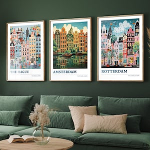 Ensemble de trois affiches de voyage aux Pays-Bas - La Haye, Amsterdam, Rotterdam, 3 impressions d'art fantaisistes - carte cadeau illustration photo