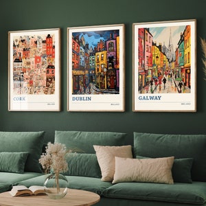 Set of Three Ireland Travel Posters - Cork, Dublin, Galway - 3 Modern Art Prints - Photo Painting Illustration Gift Visit Irish Island