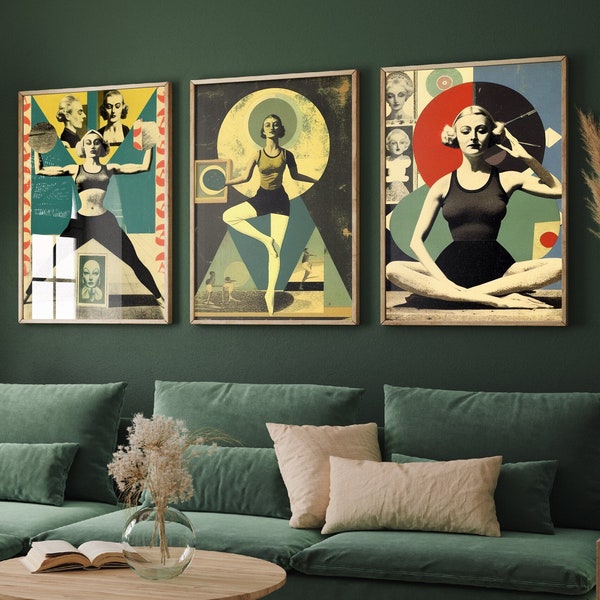 Set of Three Surreal Yoga Prints - 3 Vintage Pilates Paintings - Photo Poster Wall Art Gift Giclée - Futuristic Mindfulness Calm For Her