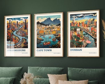 Set of Three South Africa Travel Posters - Johannesburg, Cape Town, Durban - 3 Modern Art Prints - Photo Painting Illustration Gift Map