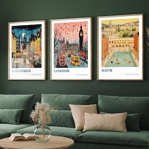 Lot de trois affiches de voyage au Royaume-Uni - Édimbourg, Londres, Bath - 3 impressions d'art moderne - Photo peinture, illustration, cadeau carte, oeuvre d'art Royaume-Uni
