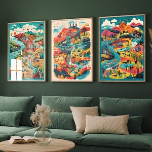 Lot de trois reproductions d'art Ecosse Knolling - 3 peintures de paysages carte d'Ecosse - Poster photo, cadeau d'art mural, giclée d'illustrations pour le musée