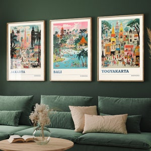 Set of Three Indonesian Travel Posters - Jakarta, Bali, Yogyakarta - 3 Modern Art Prints - Photo Painting Illustration Gift Visit Indonesia
