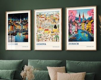 Set of Three Switzerland Travel Posters - Lucerne, Geneva, Zurich - 3 Modern Art Prints - Photo Painting Illustration Gift Map Swiss