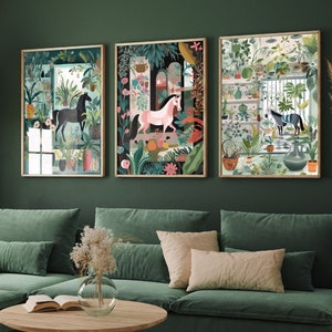 The Botanical Room - Set of Three Horse Prints - Equine Poster, Pony Art, Donkey Painting - Nature Garden Home Décor Wall Giclee