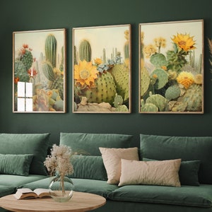 Cactus Landscape Set of Three Art Prints - Green Yellow Palette Triptych Paintings - Poster Home Wall Decor Giclee - Nature Desert Flowers