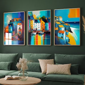 Lot de trois affiches des Cornouailles - impressions d'art Penzance, Padstow et St. Ives - peintures abstraites colorées - lot de 3 décorations murales pour la maison