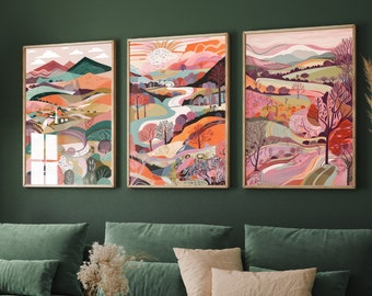 Landscape Illustrations in Pink - Set of Three Abstract Prints - Brecon Beacons Poster, Wales Art, Welsh Painting - Home Décor Wall Giclee