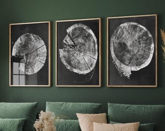 Set of Three Tree Rings Missing Pieces Invert b&w Triptych #V2- 3 Natural Pattern Art Prints - Photo Poster Wall Gift, Wood Wooden Painting