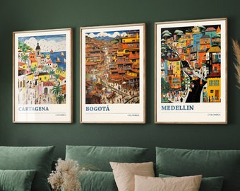 Set of Three Colombia Travel Posters - Cartagena, Bogota, Medellin - 3 Modern Art Prints - Photo Painting Illustration Gift Map Colombian