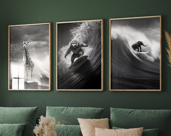 Animals Surfing Set of Three Prints - 3 Hilarious Photographs - Photo Poster Wall Art Gift Giclée - Funny Giraffe, Sloth Surfboard, Elephant