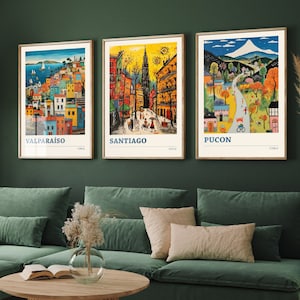 Lot de trois affiches de voyage au Chili - Valparaiso, Santiago, Pucon - 3 impressions d'art moderne - photo cadeau carte illustration Pucón Chili