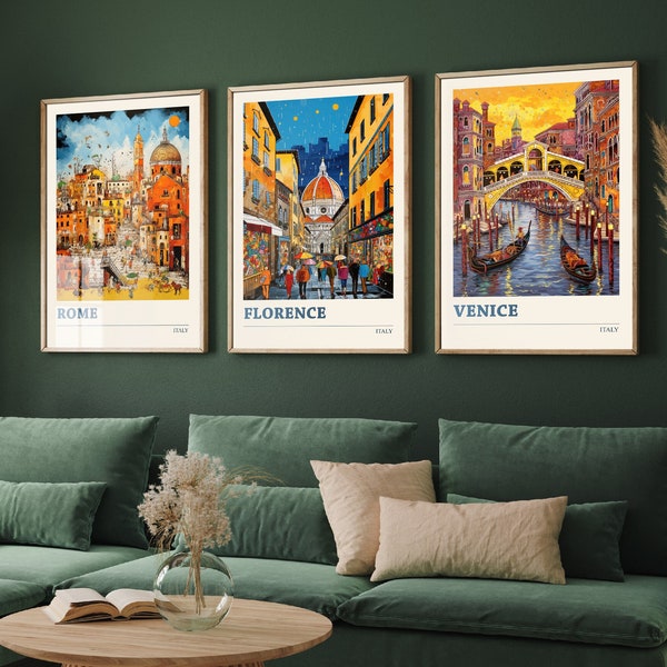 Ensemble de trois affiches de voyage en Italie - Rome, Florence, Venise - 3 tirages d'art moderne - Photo peinture illustration carte cadeau oeuvre italienne
