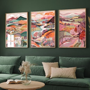 Landscape Illustrations in Pink - Set of Three Abstract Prints - Brecon Beacons Poster, Wales Art, Welsh Painting - Home Décor Wall Giclee