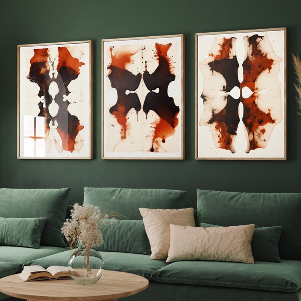 Rorschach Inkblot in Maroon Set of Three Art Prints - 3 Psychology Student Paintings - Photo Poster Wall Art Gift Giclée Museum - Office