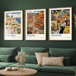 Lot de trois affiches de voyage en Colombie - Carthagène, Bogota, Medellin - 3 impressions d'art moderne - photo, peinture, illustration, cadeau carte Colombie