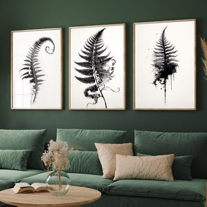 Set of Three Black Ink Fern Tree Prints - 3 Black and White Leaf Paintings - Photo Poster Wall Art Gift Giclée Museum Botanical Etching