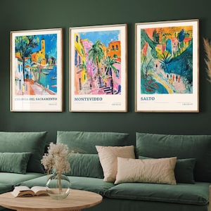 Lot de trois affiches de voyage en Uruguay - Colonia del Sacramento, Montevideo, Salto - 3 impressions d'art moderne - photo peinture illustration carte-cadeau
