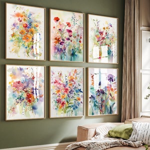 Set of Six Beautiful Floral Watercolour Prints - 6 Violet and Orange Fauna Paintings - Photo Poster Wall Art Gift Giclée Emotive Botanical