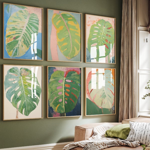 Conjunto de seis pinturas de hojas de monstera - 6 impresiones botánicas en tonos neutros pastel verde - Póster fotográfico de pared Giclée - Naturaleza vegetal de queso suizo