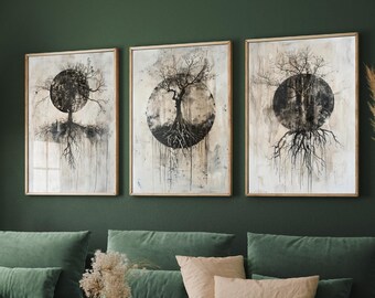 Set of Three Tree Roots in Sepia with Spooky Rings Triptych - 3 Natural Pattern Art Prints - Photo Painting Poster Wall Gift, Organic Rustic