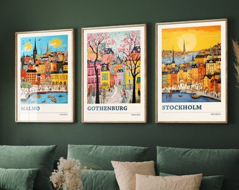 Set of Three Sweden Travel Posters - Malmo, Gothenburg, Stockholm - 3 Modern Art Prints - Photo Painting Illustration Gift Map Swedish