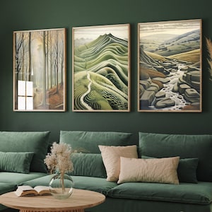 Eric Ravilious Inspired Set of Three Art Prints - Pen-y-Fan, Cornwall, Peak District Posters - Paintings of Countryside - Home Wall Decor
