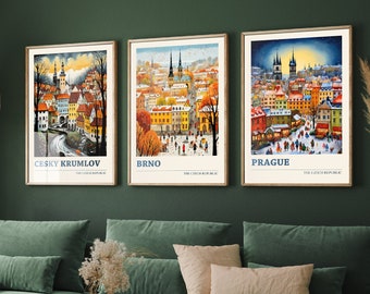 Set of Three The Czech Republic Travel Posters - Cesky Krumlov, Brno, Prague - 3 Modern Art Prints - Photo Painting Illustration Gift Map