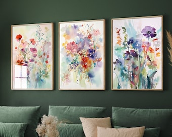 Set of Three Beautiful Floral Watercolour Prints - 3 Violet and Orange Fauna Paintings - Photo Poster Wall Art Gift Giclée Museum Botanical