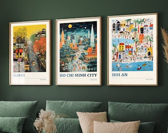 Set of Three Vietnam Travel Posters - Hanoi, Ho Chi Minh City, Hoi An - 3 Modern Art Prints - Photo Painting Illustration Gift Map