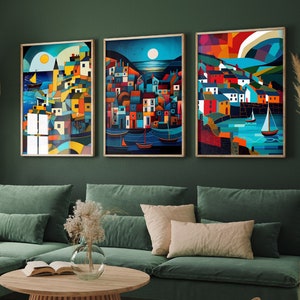 Ensemble de trois peintures de Cornouailles - impressions d'art Polperro, Looe, Port Isaac - affiches abstraites colorées - lot de 3 giclées de décoration murale pour la maison
