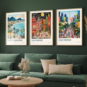 Ensemble de trois affiches de voyage au Brésil - Rio de Janeiro, Salvador, Sao Paulo - 3 impressions d'art moderne - photo peinture illustration cadeau carte Visite