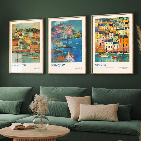 Set of Three Cornwall Travel Posters - Falmouth, Newquay, St Ives - 3 Modern Art Prints - Photo Painting Illustration Gift Visit Map V6