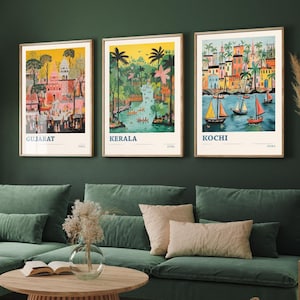 Ensemble de trois affiches de voyage en Inde - Gujarat, Kerala, Kochi - 3 impressions d'art moderne - cadeau photo peinture illustration cadeau Visitez la carte de l'Inde