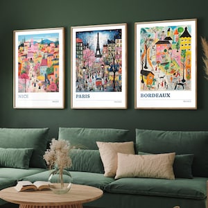 Conjunto de tres carteles de viajes franceses: Niza, París y Burdeos. 3 impresiones artísticas. Foto, pintura, ilustración, regalo, mapa, obra de arte, decoración vibrante de Francia