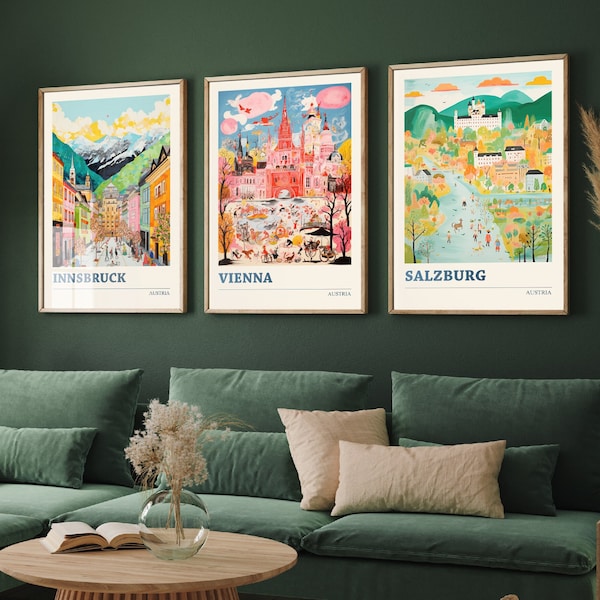 Set of Three Austria Travel Posters - Innsbruck, Vienna, Salzburg - 3 Modern Art Prints - Photo Painting Illustration Gift Map Visit Europe