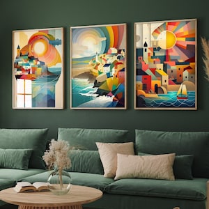 Ensemble de trois peintures des Cornouailles - Reproductions d'art Newquay, St Ives et Newquay - Affiches abstraites colorées - Lot de 3 Giclée de décoration murale pour la maison