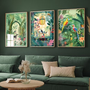 The Botanical Room - Set of Three Animal Prints - Dog Poster, Birds Art, Parrots Painting - Nature Garden Home Décor Wall Giclee
