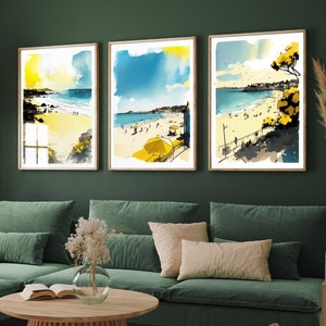 Aquarelles de Cornouailles en jaune et bleu - Ensemble de trois impressions d'art - Posters de Newquay, Penzance et Falmouth - Ensemble de 3 peintures # ATTEMPT2