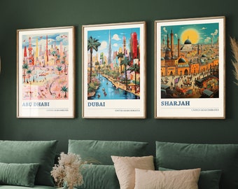 Set of Three United Arab Emirates Travel Posters - Abu Dhabi, Dubai, Sharjah - 3 Modern Art Prints - Photo Painting Illustration Gift Map