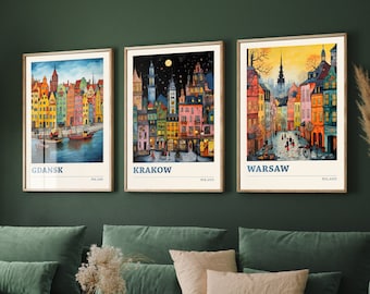 Set of Three Poland Travel Posters - Gdansk, Krakow, Warsaw - 3 Modern Art Prints - Photo Painting Illustration Gift Map Polish