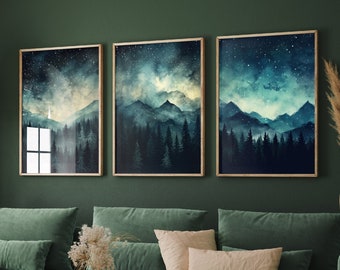 Teal Dark Night With Stars Set of Three Art Prints - Blue Mountains 3 Posters - Painting Illustration Home Wall Decor Misty Forest Navy