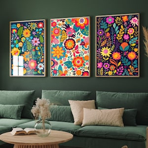 Floral Pattern of Mexican Flowers - Set of Three Art Prints - Painting, Poster, Home Wall Decor - Purple Plants Leaf Fun Colourful Punchy