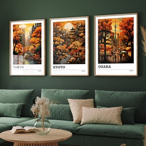 Set of Three Japan Travel Posters - Tokyo, Kyoto, Osaka, 3 Autumn City Art Prints - Photo Painting Illustration Gift Map Artwork Japanese