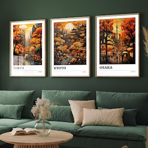 Ensemble de trois affiches de voyage au Japon - Tokyo, Kyoto, Osaka, 3 impressions d'art de la ville d'automne - photo peinture illustration cadeau carte oeuvre d'art japonaise