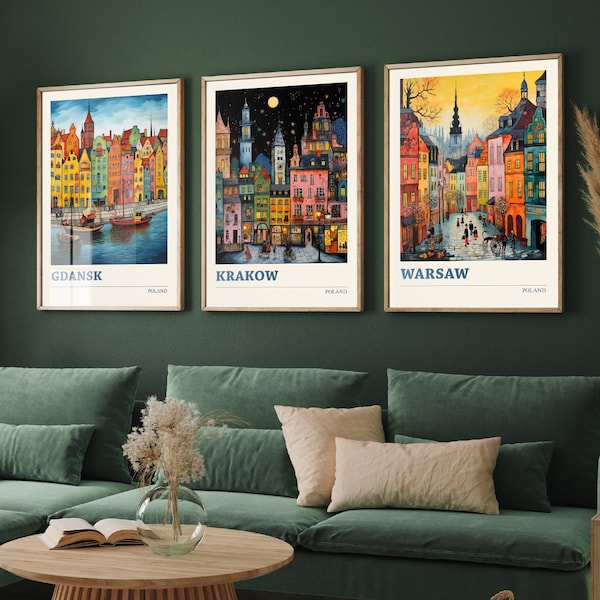 Set of Three Poland Travel Posters - Gdansk, Krakow, Warsaw - 3 Modern Art Prints - Photo Painting Illustration Gift Map Polish