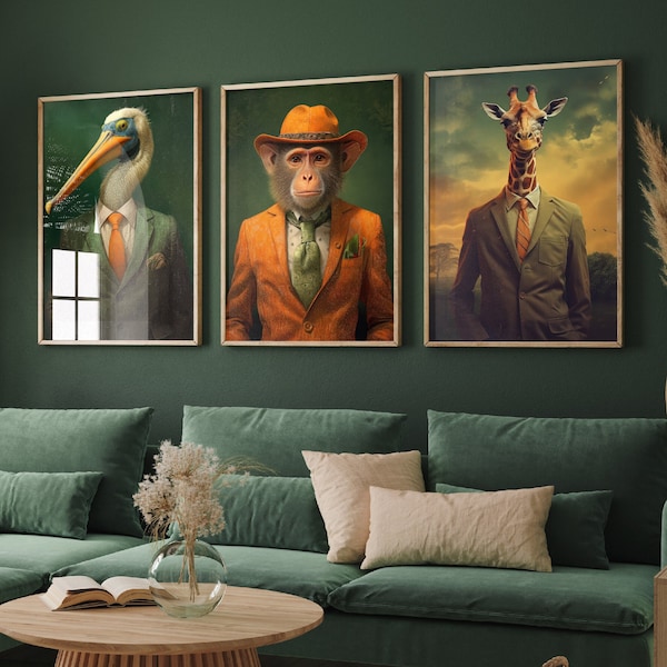 Animals Wearing Suits Set of Three Paintings - 3 Pelican Monkey Giraffe Art Prints - Photo Poster Wall Gift Giclée Décor Safari Jungle