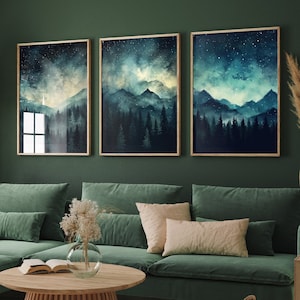 Ensemble de trois impressions d&#39;art Nuit noire sarcelle avec étoiles - 3 affiches Montagnes bleues - Illustration, peinture, décoration murale, Forêt brumeuse, bleu marine