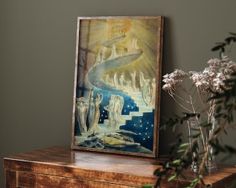 William Blake - La escalera de los sueños de Jacob (1805) - Póster fotográfico de pintura clásica, regalo artístico, decoración para el hogar - Artista visionario #GWF